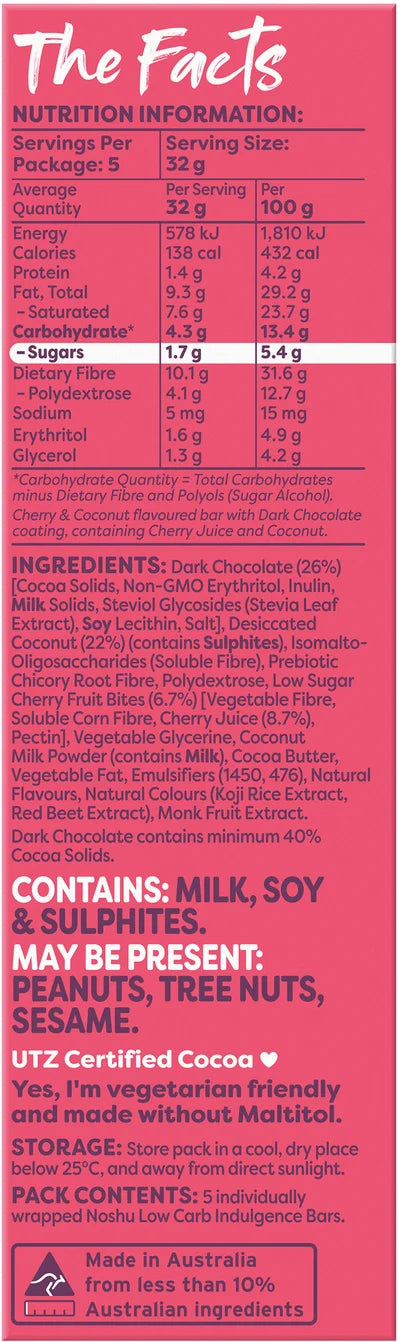 Noshu Low Carb Cherry & Coconut Indulgence Bars 5 x 32g