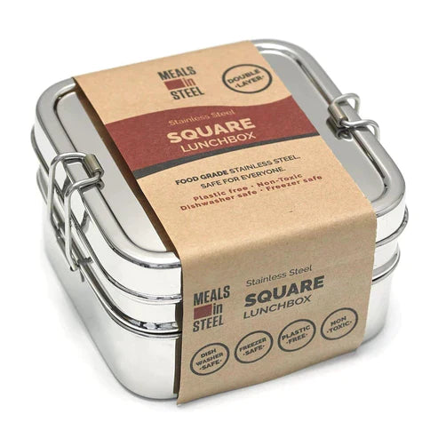 Meals In Steels Twin Layer Square Shape Lunchbox | Stainless Steel
